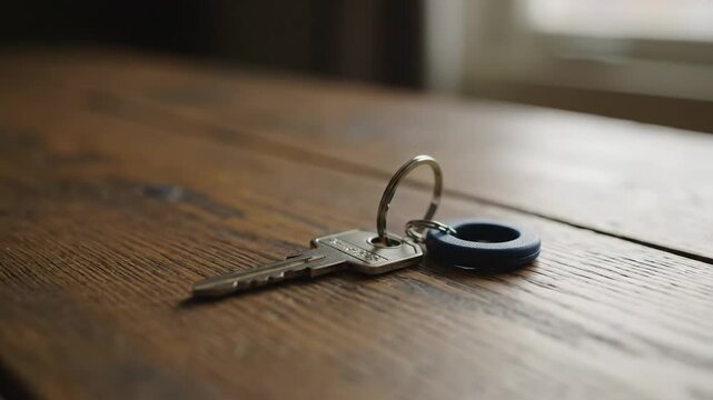Key on Wooden Surface - A single silver key with a blue keychain lies on a rustic wooden surface, angled towards the viewer.