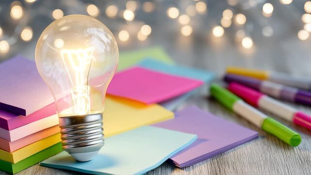 3Overhead view of a creative desk filled with vibrant sticky notes, scattered markers, and a glowing lightbulb centerpiece symbolizing innovation and brainstorming
