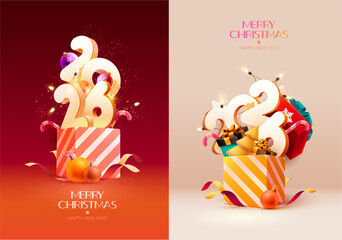 Merry Christmas and happy New year 2026.  Set of realistic  christmas illustration with open gift boxes, white number and decoration.
