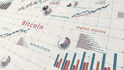 Bitcoin charts and graphs diagram on paper 3d illustration