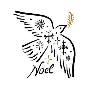 Boho lineal minimalist hand-drawn Christmas dove bird with Noel lettering sweet cartoon nursery cute baby style print on white background, fairy tale editable file for kids, t-shirts and wear, posters