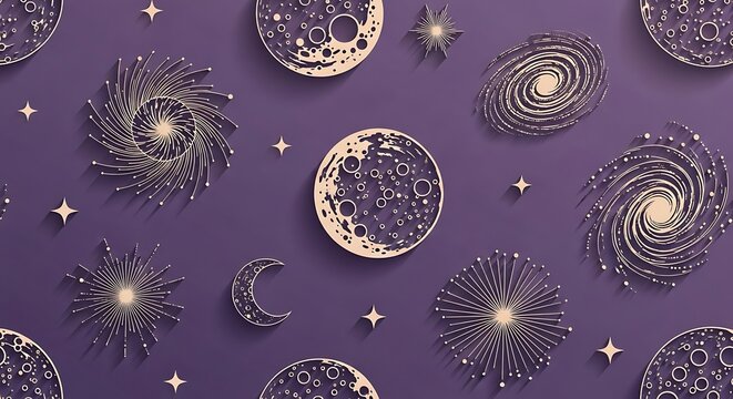 Celestial Bodies and Cosmic Elements on Purple Background.