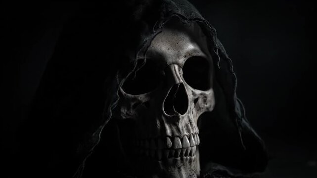Grim Reaper Skull - A close-up, low-key shot of a human skull draped with a dark, tattered hood. The skull is illuminated, highlighting its bony structure and the hood's rough texture.