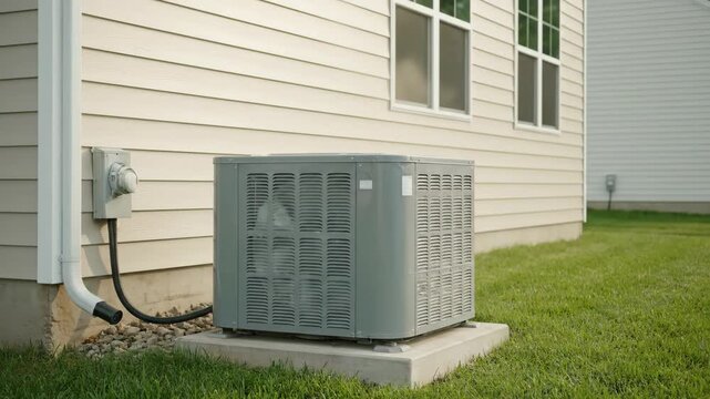 Air Conditioner Unit Outside House - A gray air conditioner unit sits outside a house on a concrete slab in the yard. There is an electrical connection and drain line running to the unit.
