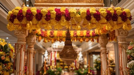 Fototapeta premium Colorful flowers hang gracefully in a ceremonial area creating a joyful atmosphere for the celebration.