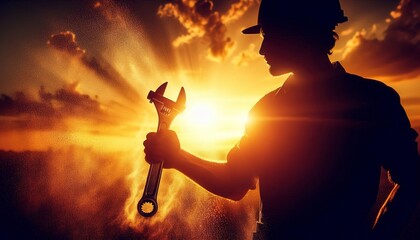 a construction worker silhouetted against a golden sunset, holding a wrench, with dust and light rays