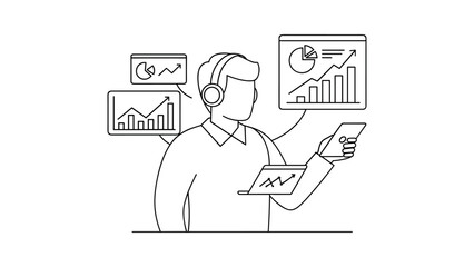 Man with headphones analyzing data on multiple screens