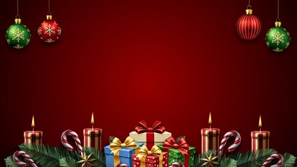 Invite holiday cheer with this vibrant red Christmas background adorned with festive ornaments and pine branches, perfect for seasonal promotions and designs