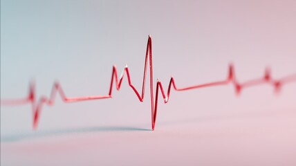 Creative red wire wave shaped as irregular ECG line waveform representing heartbeat and cardiac arrhythmia