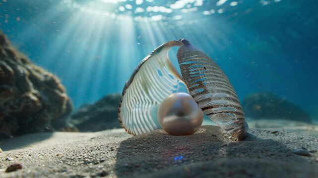 Underwater pearl inside open seashell with sunlight rays  
