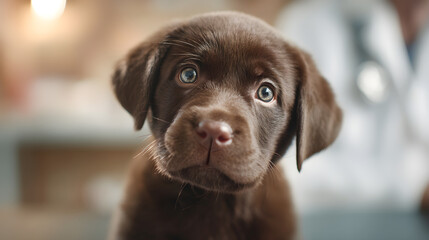 Brown puppy with expressive eyes looking curiously in a veterinary clinic environment