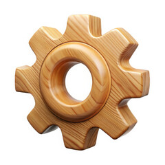 Natural wood gear cogwheel with circular opening isolated on transparent background