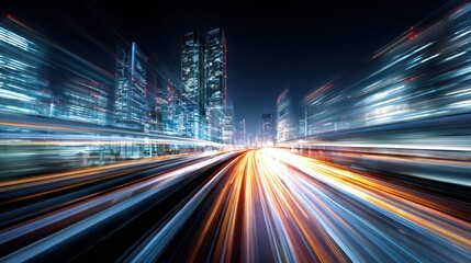 Fototapeta premium Streaks of light reflect the lively atmosphere of a modern city at night full of life and energy.