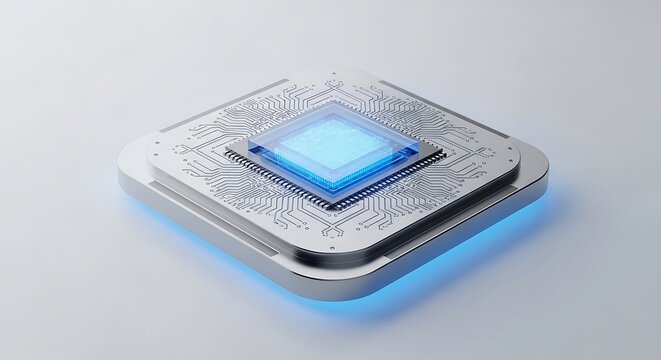 Advanced Quantum Processor Unit with Glowing Blue Core on White Background.