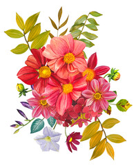 Autumn bouquet. Red and pink dahlias. An arrangement of bright dahlias, autumn leaves. Hand drawn watercolor illustration.