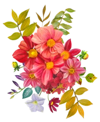 Fotobehang Tropische Bladeren Autumn bouquet. Red and pink dahlias. An arrangement of bright dahlias, autumn leaves. Hand drawn watercolor illustration.  © Diasha Art