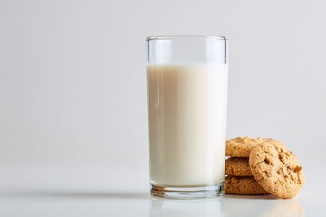 A glass of milk beside freshly baked cookies on a clean surface with a minimalist background
