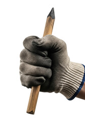 Robust masculine hand in charcoal-smudged canvas glove, firmly gripping unvarnished wooden charcoal stick, against transparent studio background, generous copy space, concept of primal artistic
