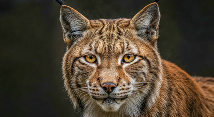 Obraz premium Lynx with striking yellow eyes stands against a dark background, showcasing its unique features and majestic presence