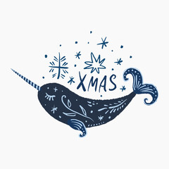 Nursery boho patterned narwhal unicorn whale animal in minimalistic Scandinavian style. Christmas lettering editable elements, fairy tale little sweet childish character. Night sky snowflakes pattern © Knstart Studio