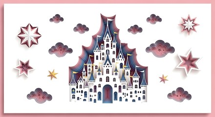 Obraz premium Artistic Paper Cutout Castle with Clouds and Stars.