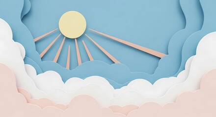 Artistic paper cut sun and clouds illustration.