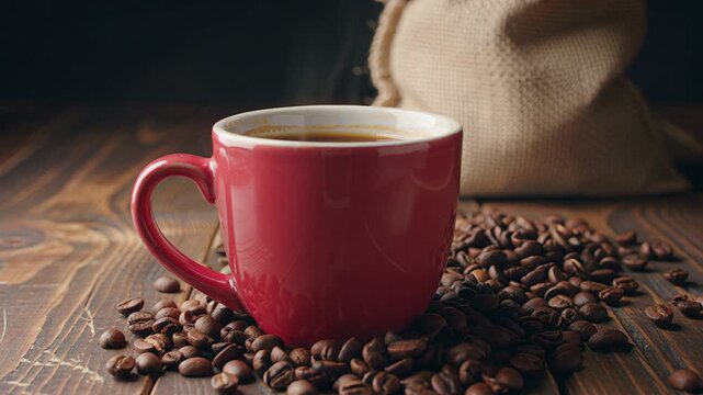 Red coffee cup with beans on rustic wooden table  
