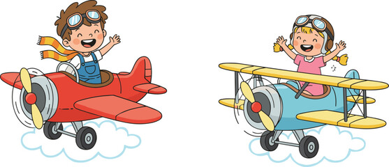 Cartoon children flying vintage airplanes, joyful kids in sky, playful aviation scene, clouds background, fun flight adventure, pilot illustration © Ezazul Haque