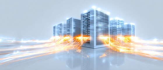 Cloud server farm with glowing data transmission lines on white background