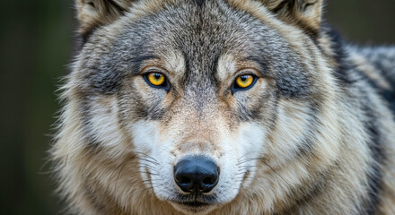 Fototapeta premium Close-up of a wolf with piercing yellow eyes staring directly at the camera in a natural setting
