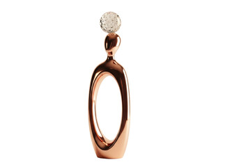 Sleek rose gold abstract figure balancing a crystalline sphere, against a transparent background with soft studio light. Concept of delicate equilibrium and serene contemplation