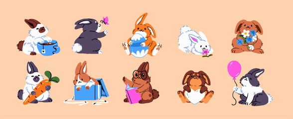 Set of different cute rabbits. Funny bunnies hold Easter egg, flowers, balloon, heart. Happy hares are reading book, drink and eat carrot. Adorable baby animals. Flat isolated vector illustrations.