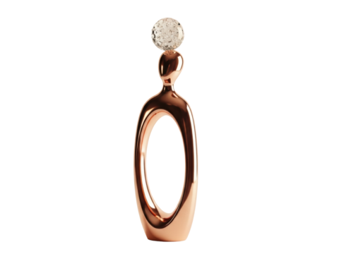 Sleek rose gold abstract figure balancing a crystalline sphere, against a transparent background with soft studio light. Concept of delicate equilibrium and serene contemplation