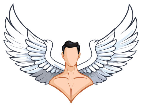 Winged Man Vector Illustration: Depicting Faceless Figure with Beautiful Feathery Wings in Artistic Design
