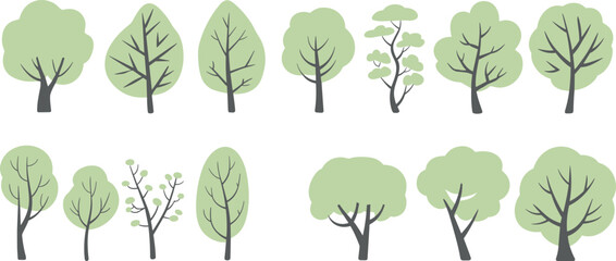 Flat vector illustration of stylized tree collection with abstract foliage, minimal design, nature elements, forest landscape, botanical diversity, green shapes