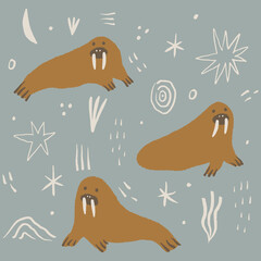 Nursery boho patterned sea cows walrus or morse animals in minimalistic Scandinavian style. Editable elements set, fairy tale little sweet childish characters. Night sky snowflakes pattern. Marine © Knstart Studio