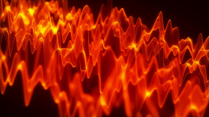 An abstract visualization of bright fiery waves shimmering in orange and yellow hues on a dark background. The illustration resembles an energy flow or a light audio wave.