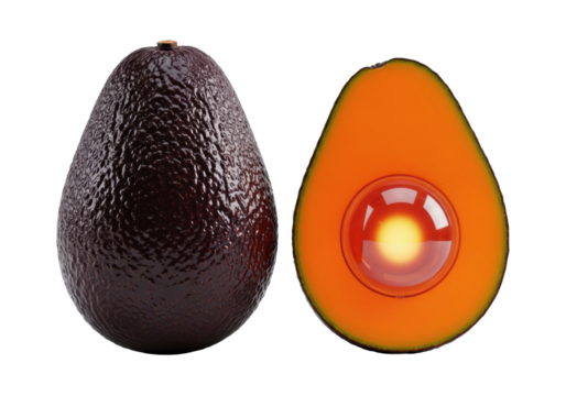Artificial black-purple whole and bisected avocados, fluorescent orange flesh, glowing amber pit, on transparent studio background. Concept of synthetic perfection