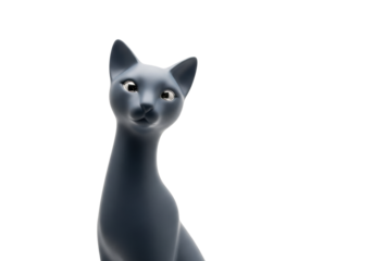 Sleek, minimalist feline sculpture, matte charcoal gray ceramic, silver eyes, enigmatic gaze, transparent background. Modern art and minimalist design concept.
