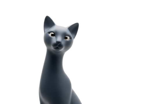 Sleek, minimalist feline sculpture, matte charcoal gray ceramic, silver eyes, enigmatic gaze, transparent background. Modern art and minimalist design concept.