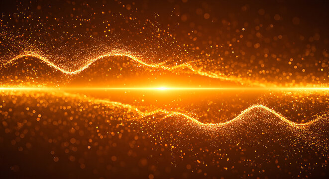 Elegant sparkling wave, golden glitter energy flow with particles in abstract background, creating a bright and dynamic digital graphic effect.