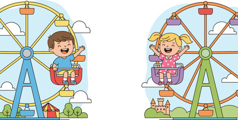 Cartoon children riding Ferris wheels, amusement park fun, colorful gondola scene, joyful outdoor activity, castle and tent background, playful illustration © Ezazul Haque
