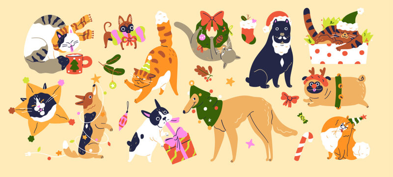 Set of comic domestic animals wearing Christmas clothes. Cute dogs and cats in Santa's hats, adorable costumes for winter holidays. Happy pets in funny Xmas suits. Flat isolated vector illustrations.