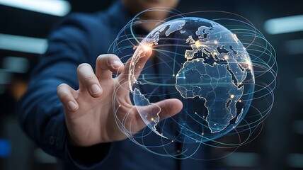 Businessman interacting with a glowing digital globe showing global connections earth
