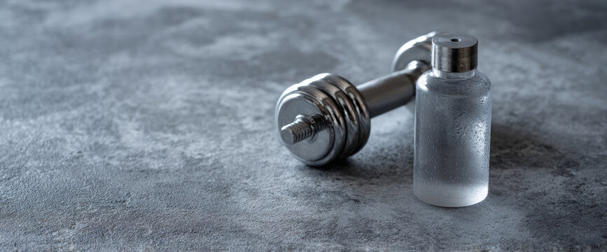 A dumbbell and a bottle of water on the floor, representing fitness or exercise