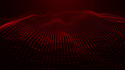 An abstract colorful wave of glowing dots that creates the illusion of moving waves on a dark background. The visualization resembles a dynamic vector 3D wave that combines technology, art of the