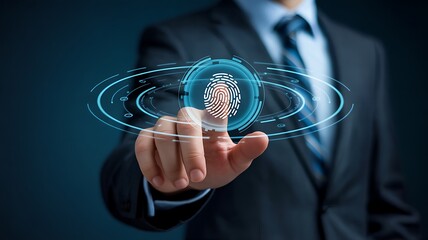 Businessman touching digital fingerprint scanner for biometric identification security