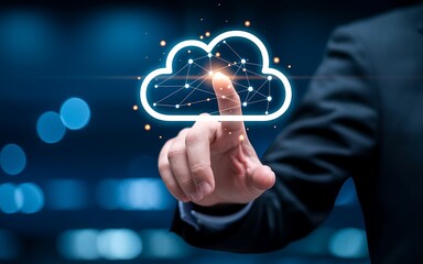 Businessman touching glowing cloud icon with network connections on dark background