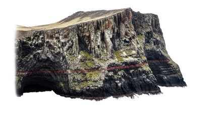 Colossal charcoal grey volcanic mesa with red mineral veins and green lichens plunges into a turbulent dark ocean, isolated on transparent background, concept of ancient geological forces