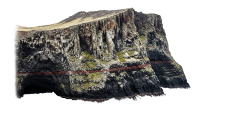 Colossal charcoal grey volcanic mesa with red mineral veins and green lichens plunges into a turbulent dark ocean, isolated on transparent background, concept of ancient geological forces